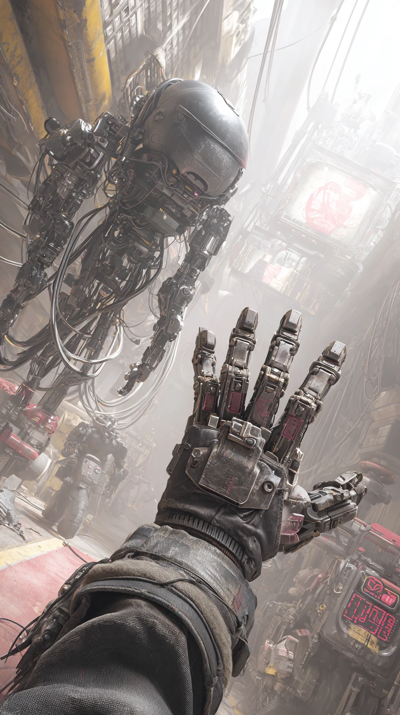 Engenheiro cyberpunk controlando um drone de reparo biomecânico flutuante