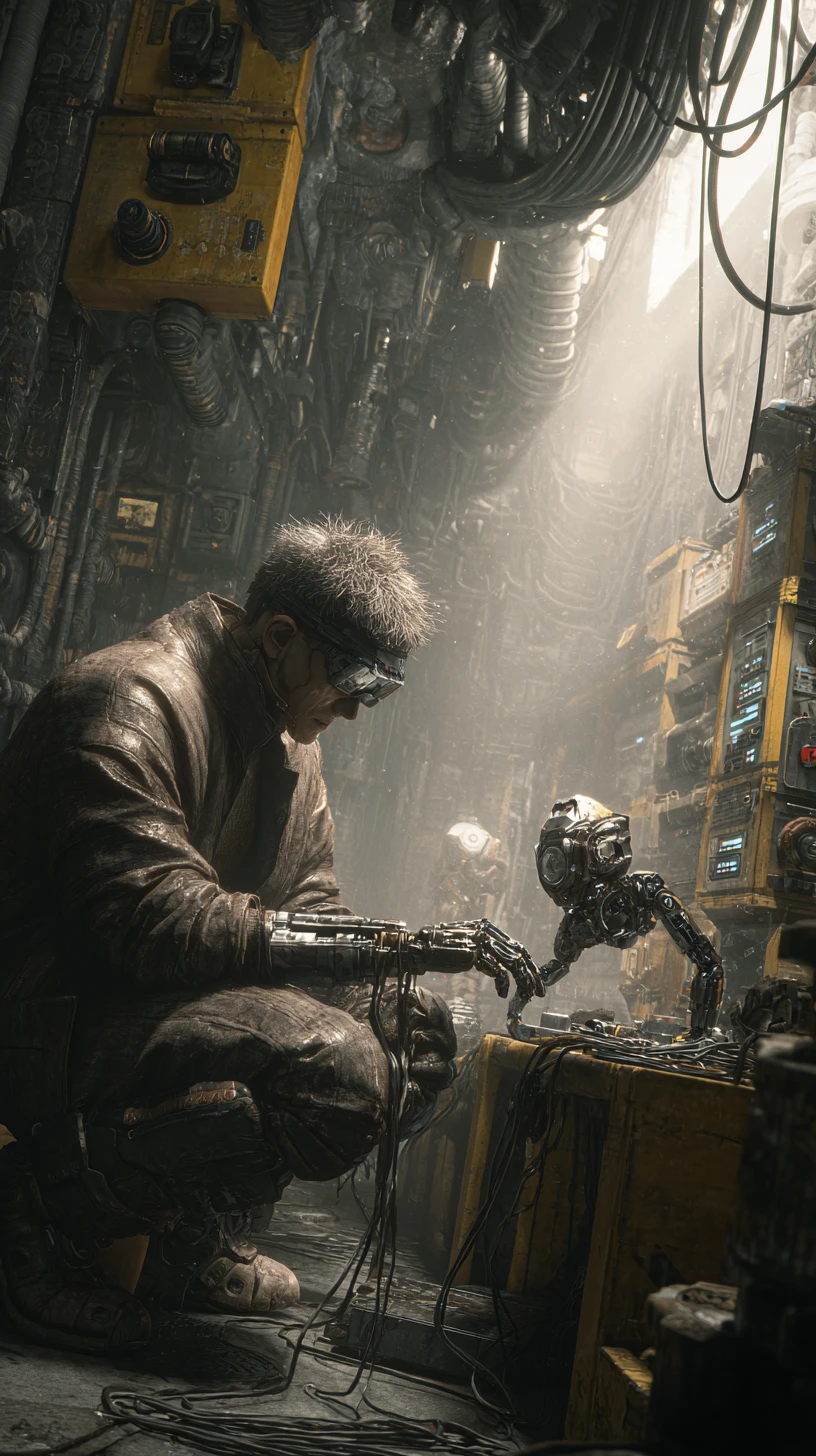 Engenheiro cyberpunk controlando um drone de reparo biomecânico flutuante