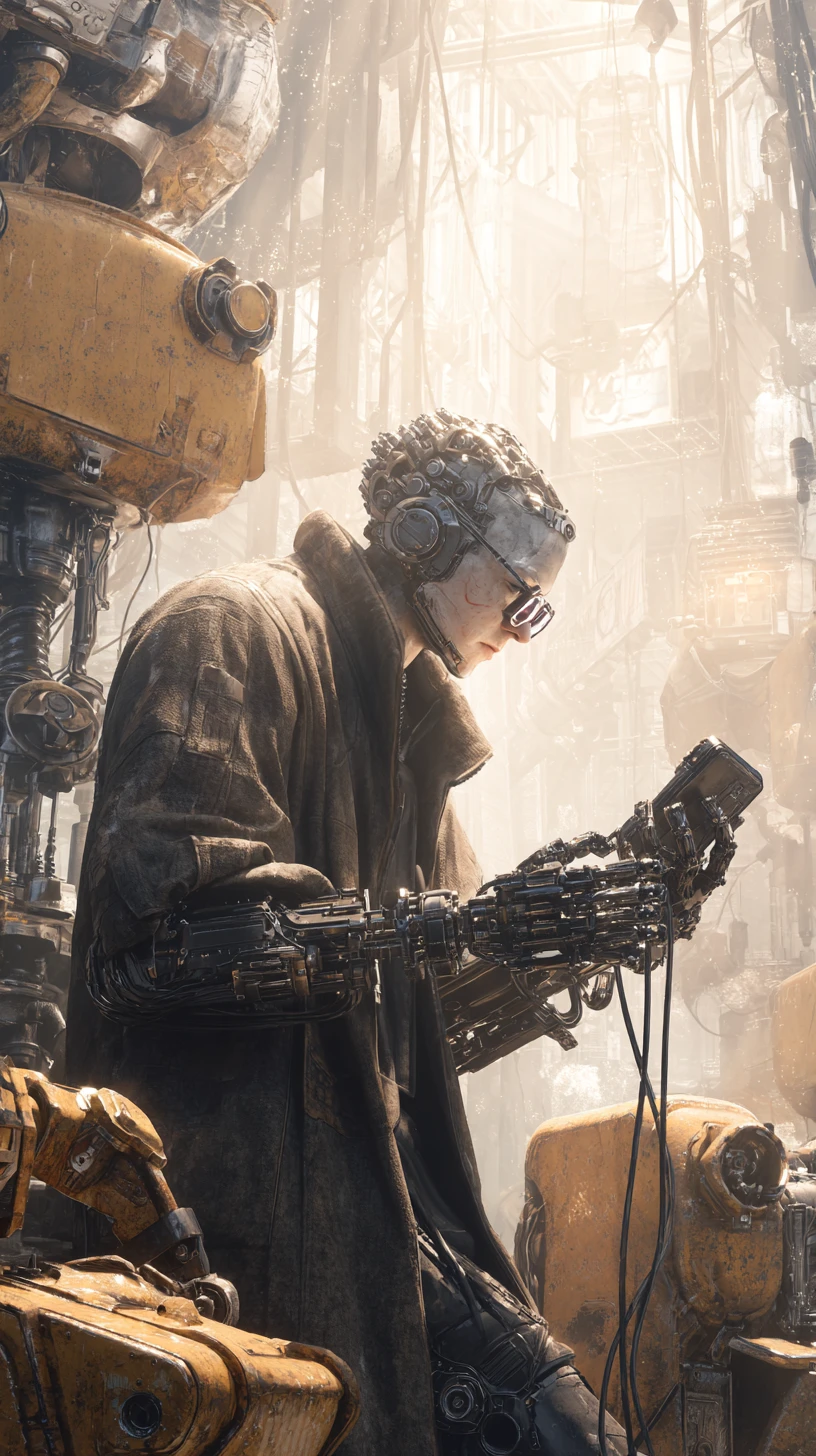 Engenheiro cyberpunk controlando um drone de reparo biomecânico flutuante