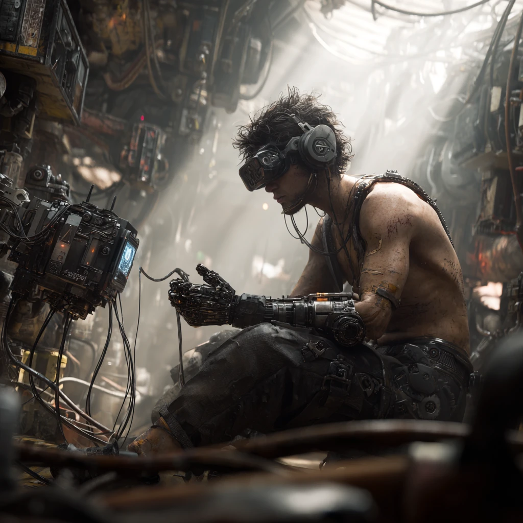 Engenheiro cyberpunk controlando um drone de reparo biomecânico flutuante