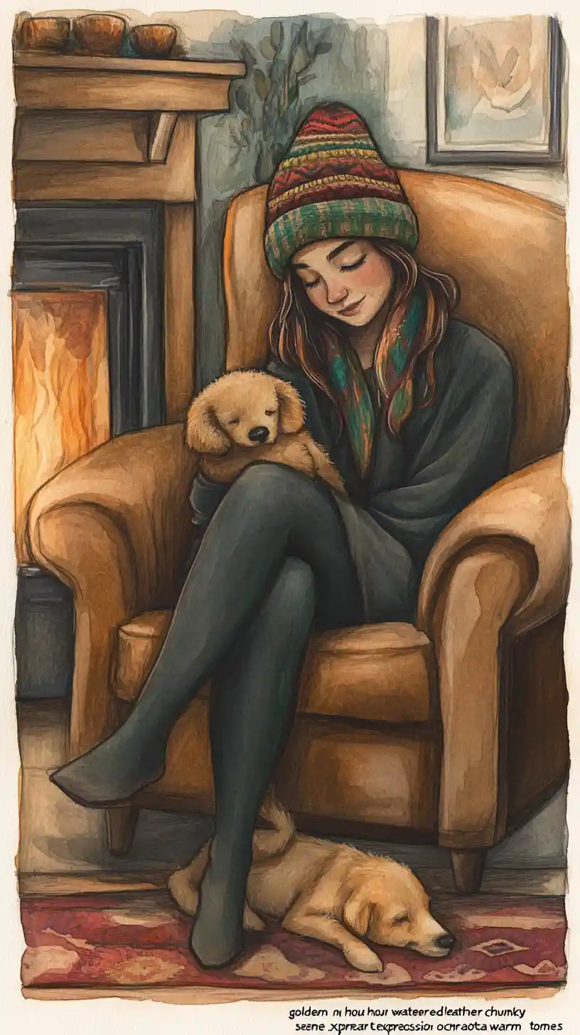 Girl resting in a leather armchair by a glowing fireplace