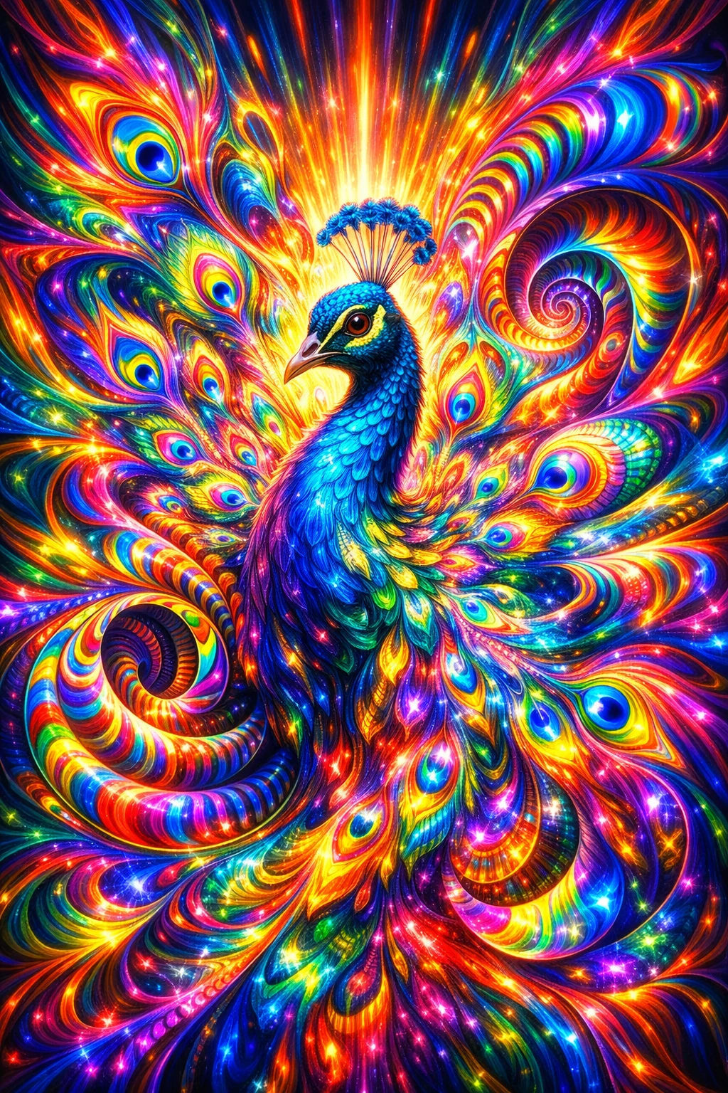 Retrato psicodélico de um pavão vibrante em padrões de arco-íris em espiral