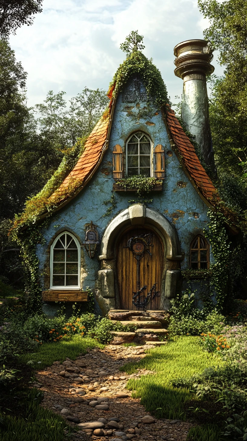 Altes Steincottage mit Moosdach im wilden Garten