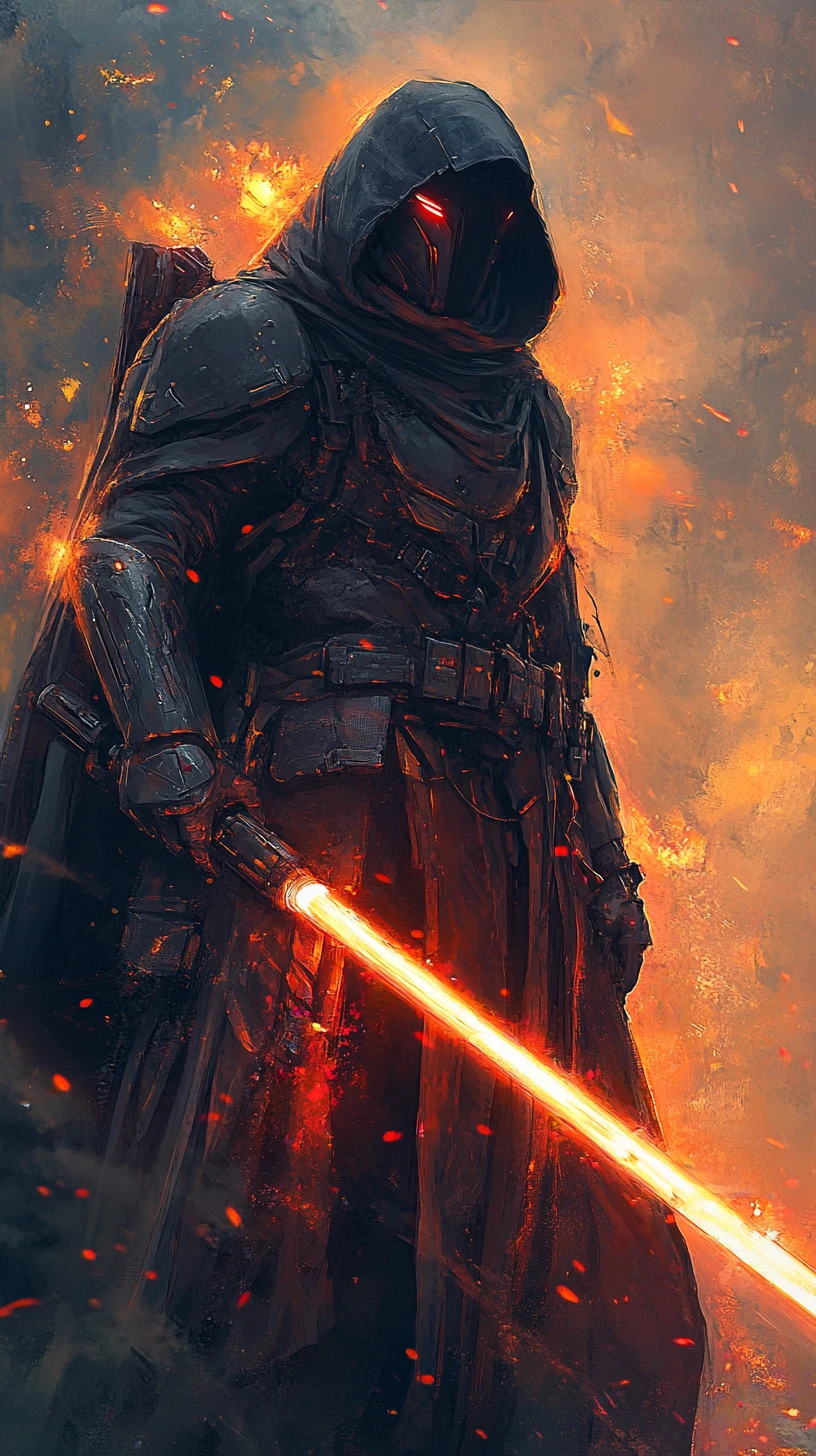 Guerreiro cavaleiro futurista com sabre de luz brilhante ao entardecer