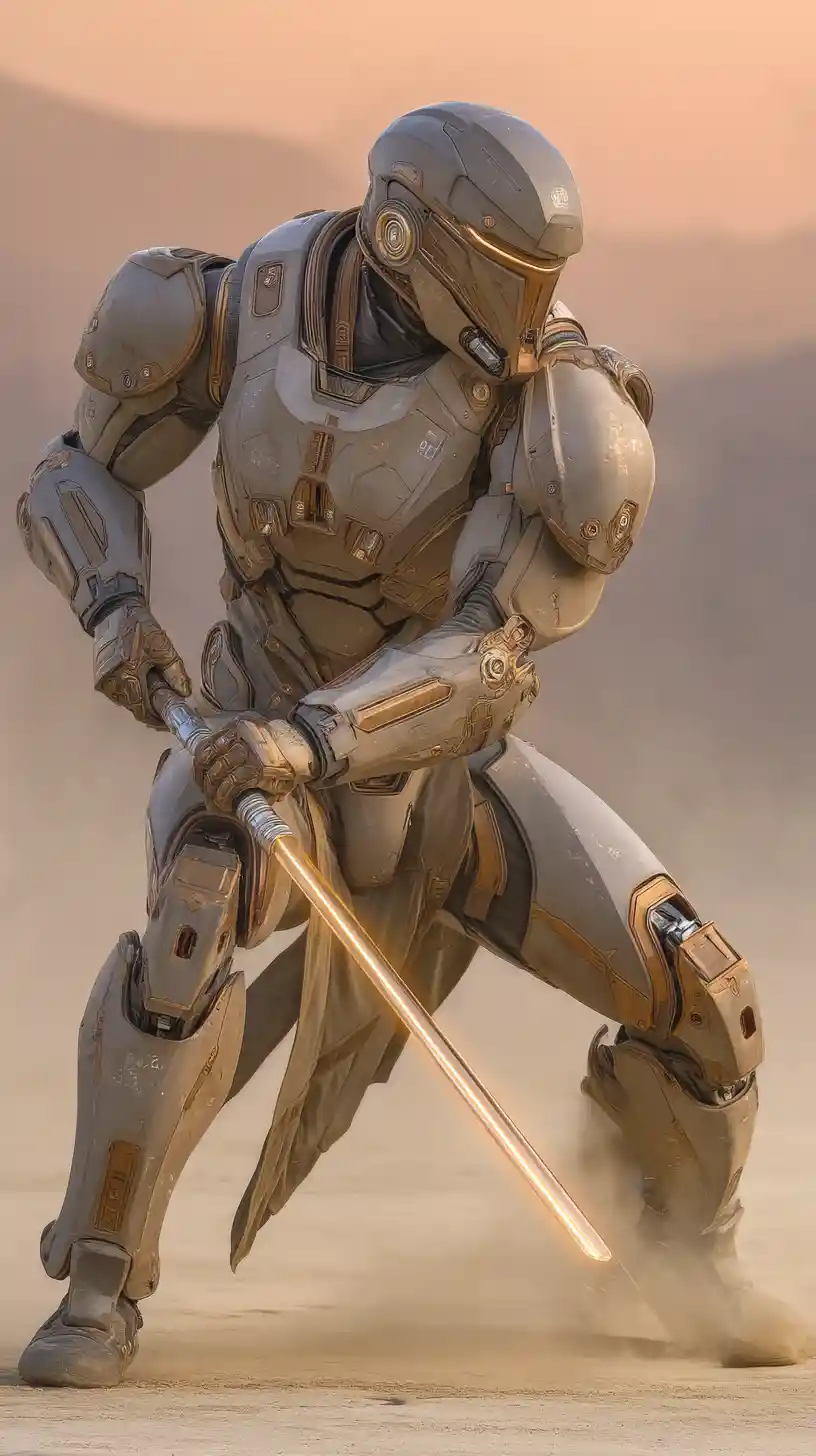 Futuristic knight with lightsaber in dramatic dusk action pose