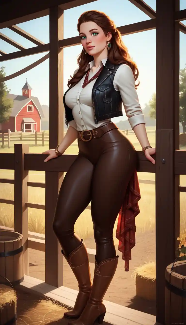 Brunette woman in leather vest leading a horse outdoors