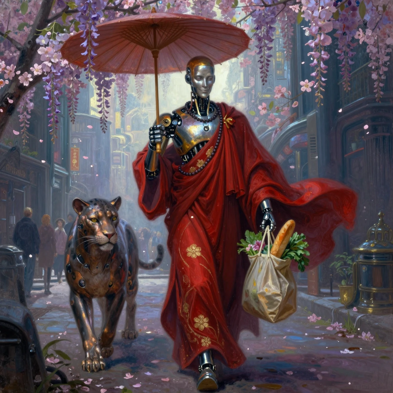 Sacerdote Robô Caminhando com Pantera em Cidade Futurista