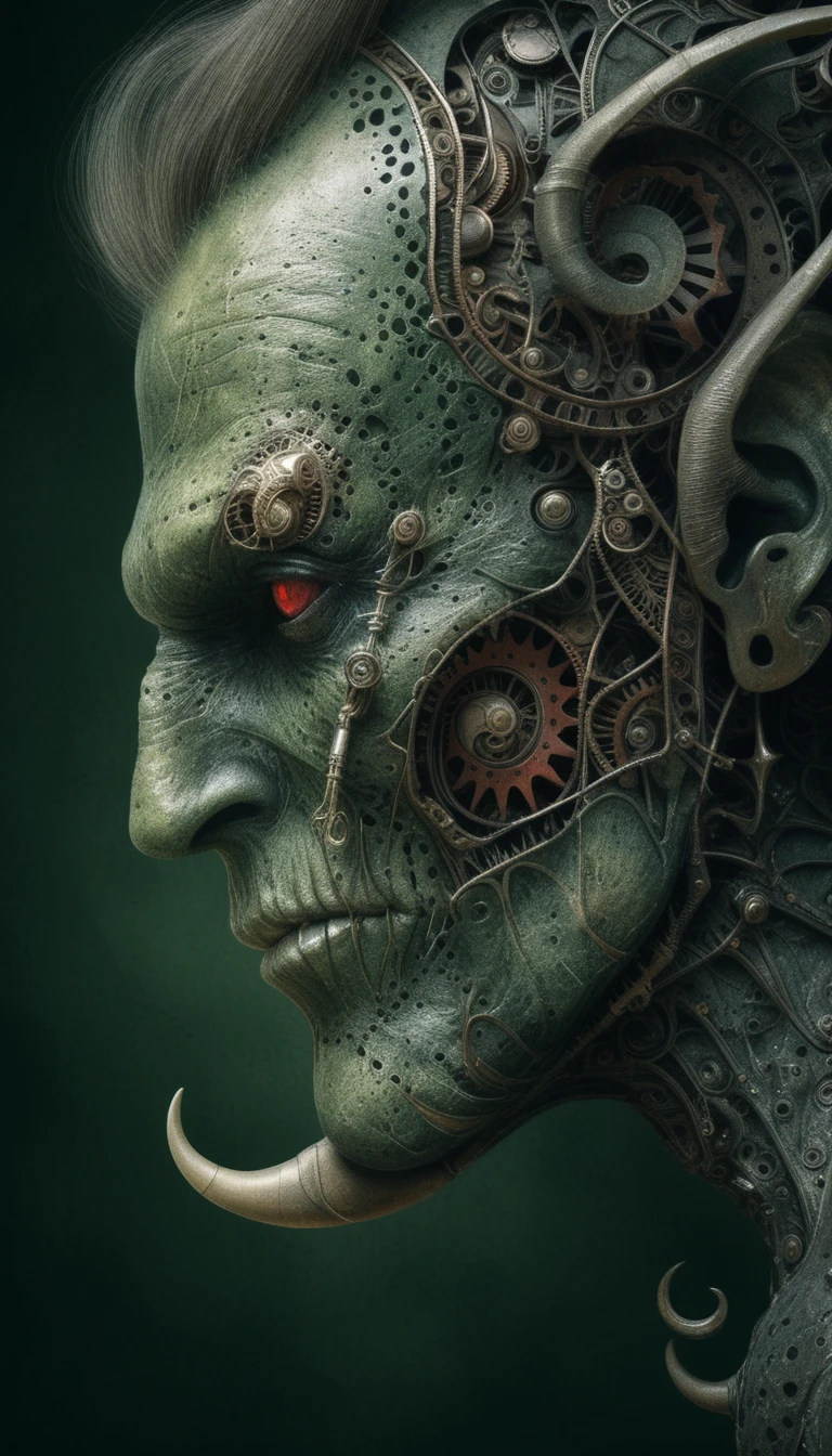 Portrait surréaliste d’humanoïde biomécanique en clair-obscur dramatique