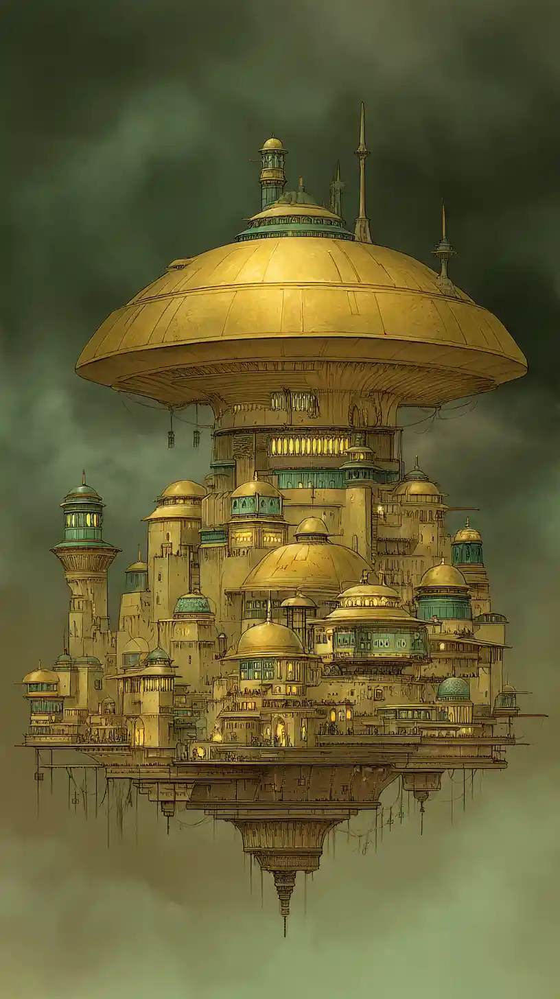 Vast oriental floating city in the clouds, painted in rich detail