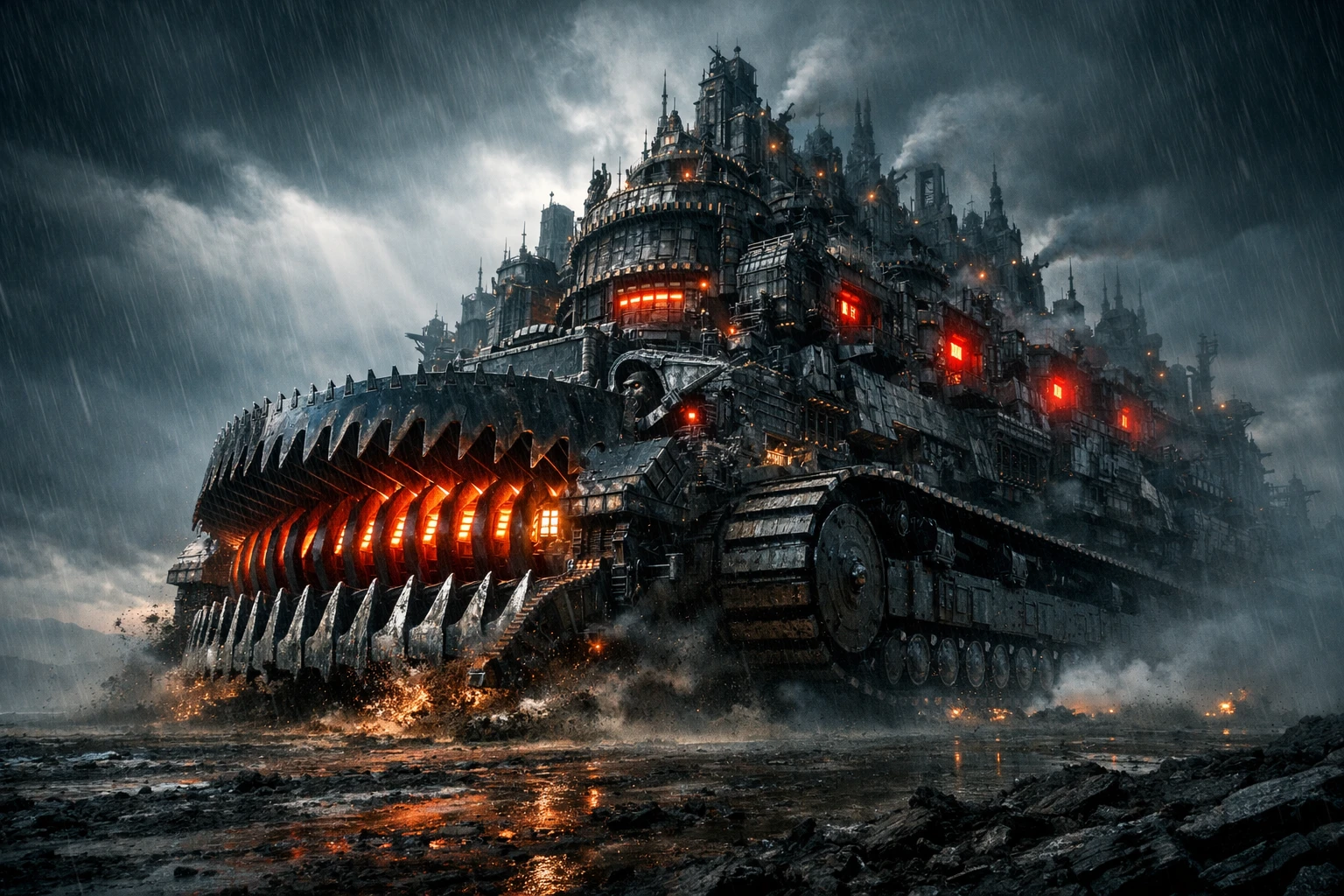 Gigantic predatory traction city rolling across trembling ground