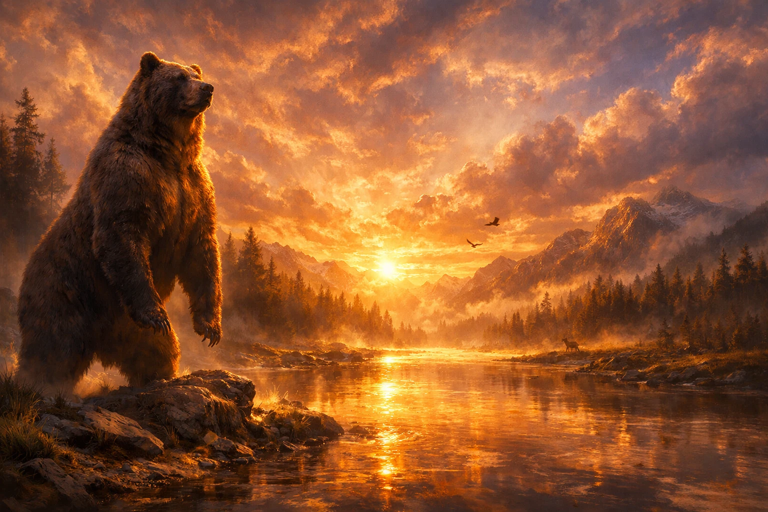 Cinematic grizzly bear towering over a golden riverbank