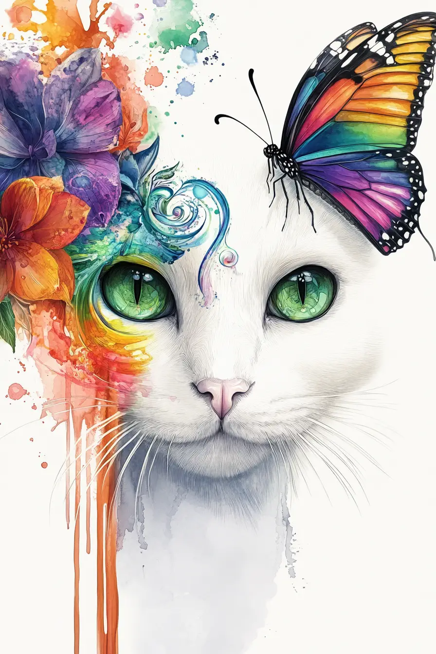 Watercolor cat portrait with rainbow butterfly and flower
