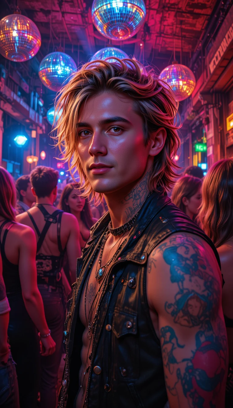 Young rocker man at party in industrial basement