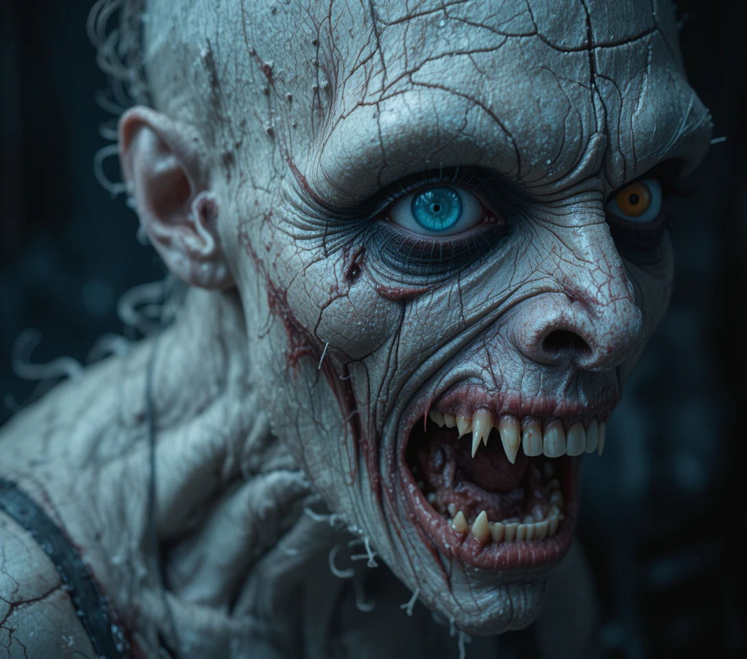 Nahaufnahme einer verwesenden Zombie-Kreatur mit scharfen Reißzähnen