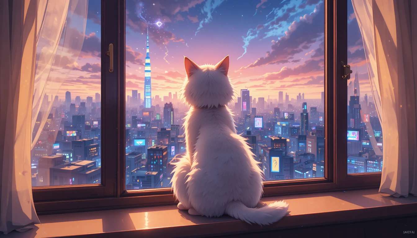 Gato de anime na beira da janela com vista para a cidade neon de Tóquio