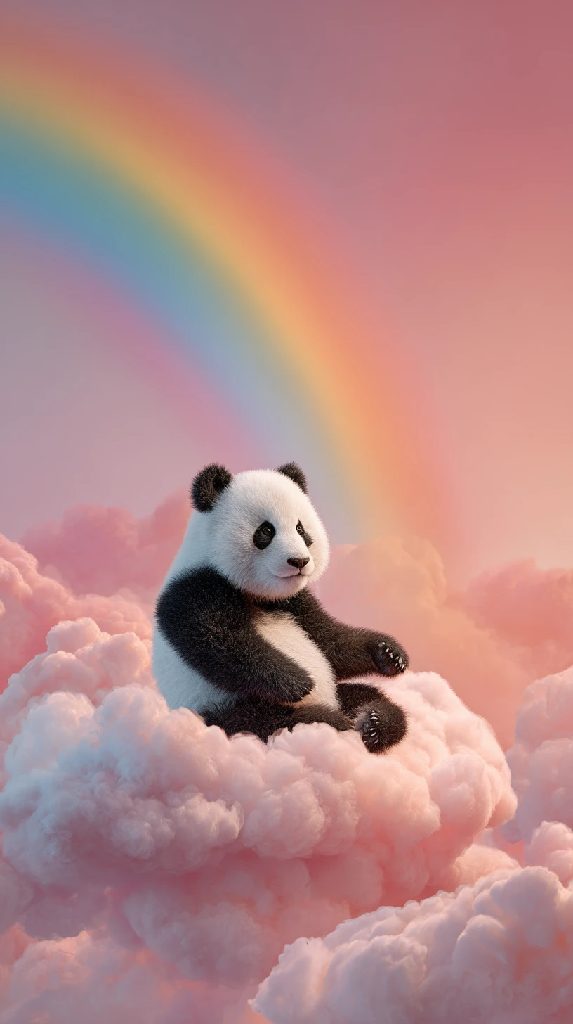 Niedlicher Panda, der auf einer Wolke unter einem hellen Regenbogen sitzt