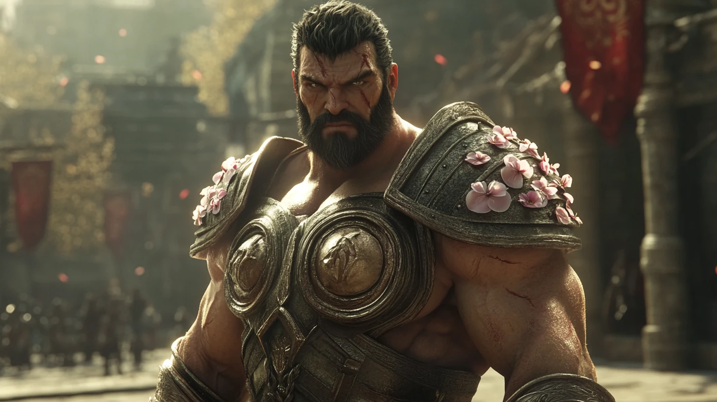 Shocked muscular fantasy warrior in floral stone armor