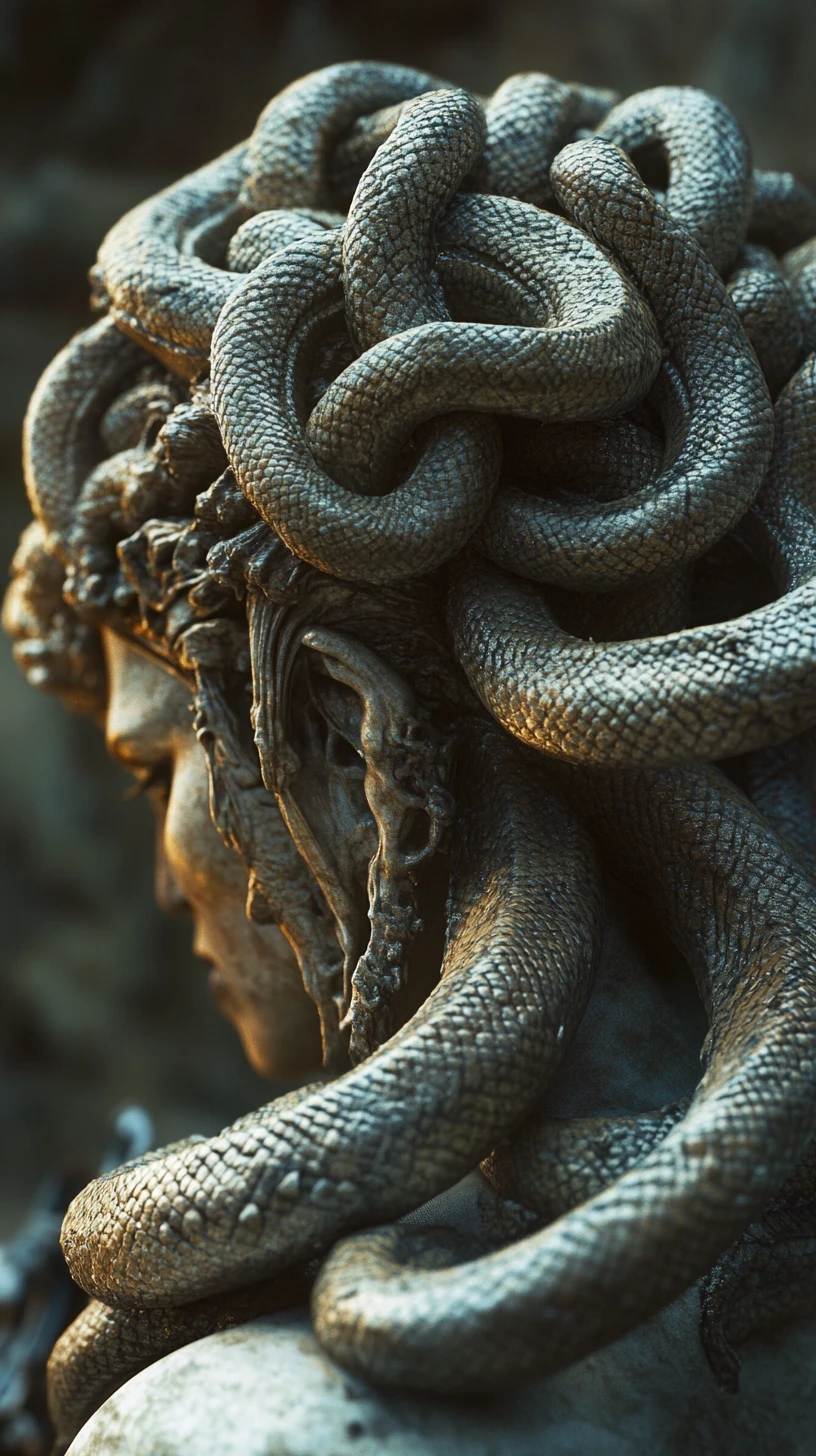 Primer plano de Medusa con serpientes retorciéndose y guerrero congelado