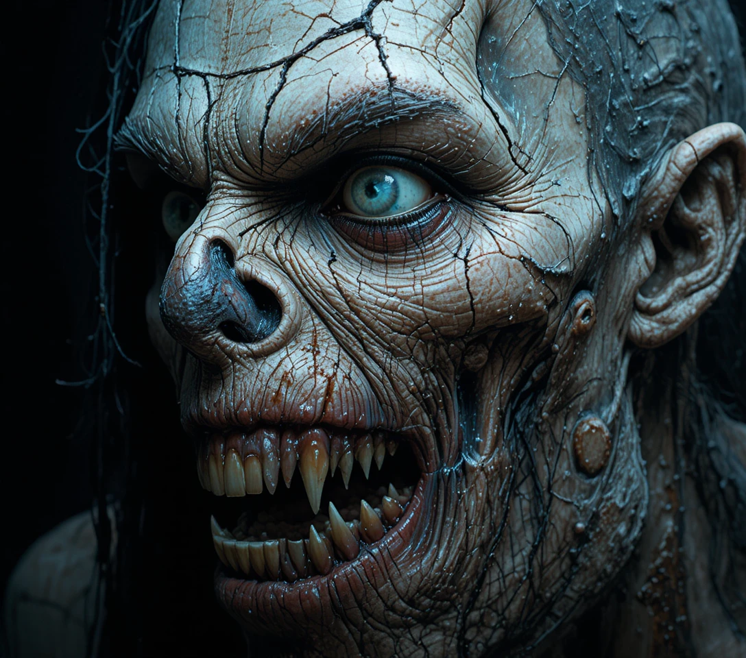 Gros plan sur une créature zombie grotesque à la peau en décomposition