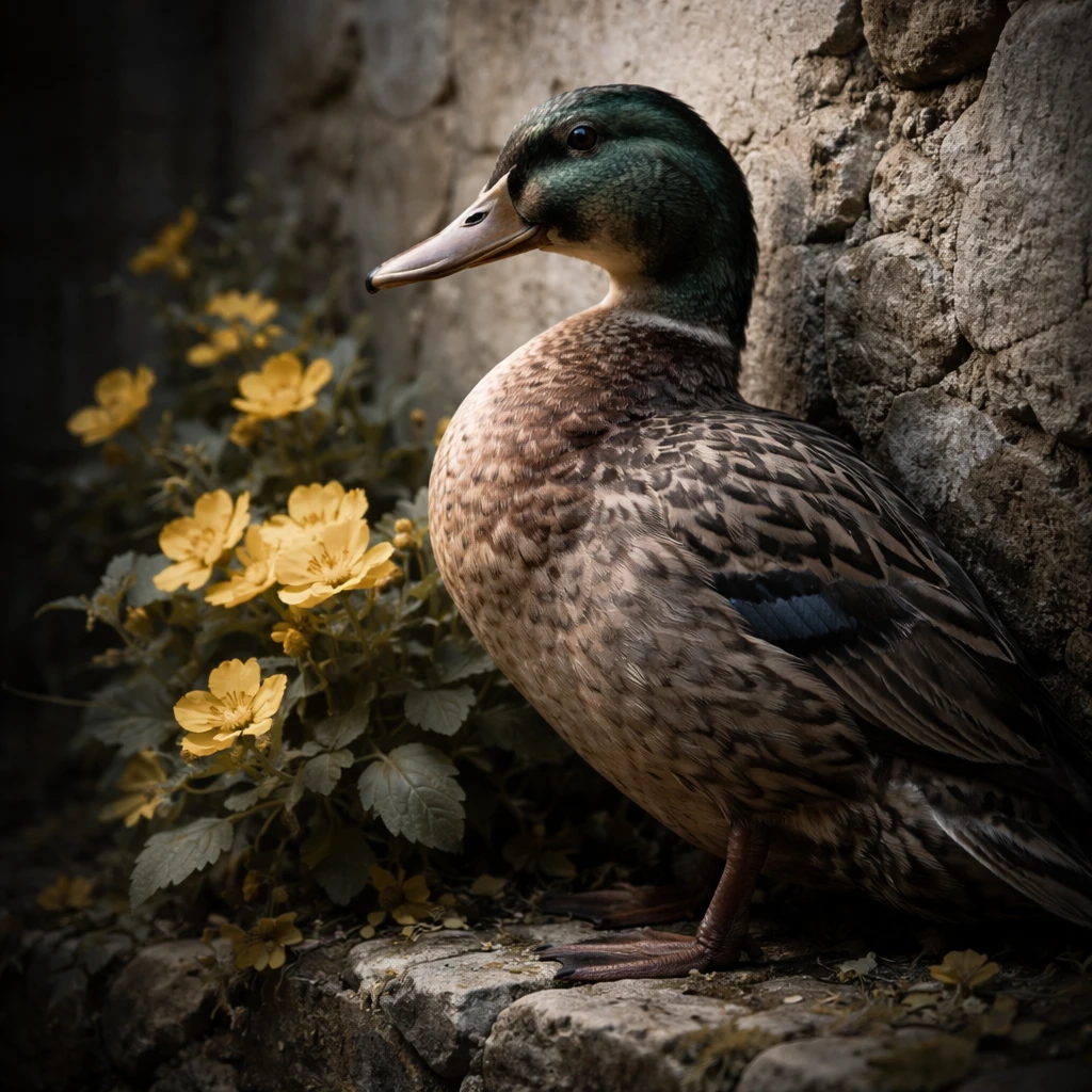 Pato em pé ao lado de um muro de pedra com flores amarelas brilhantes