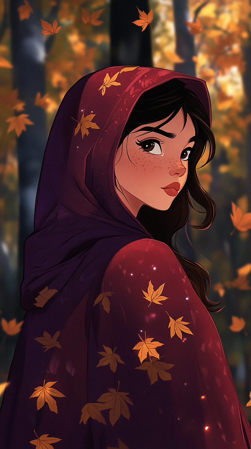 Fille d’anime avec une cape à capuche violette dans une forêt d’automne