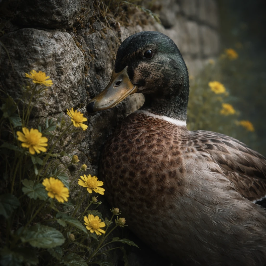 Duck beside a stone wall with bright yellow flowers