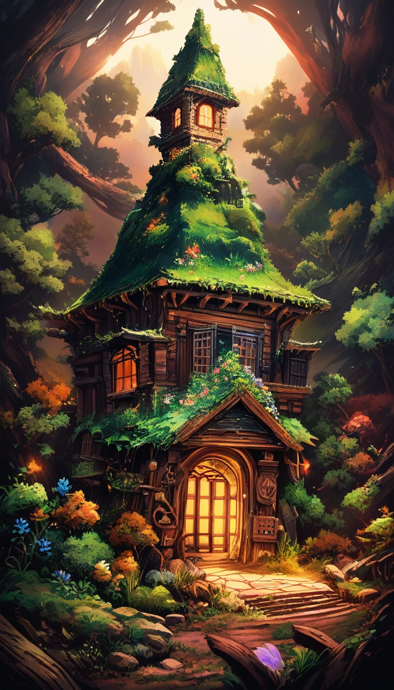 Ominous old cottage in a twisted overgrown night garden