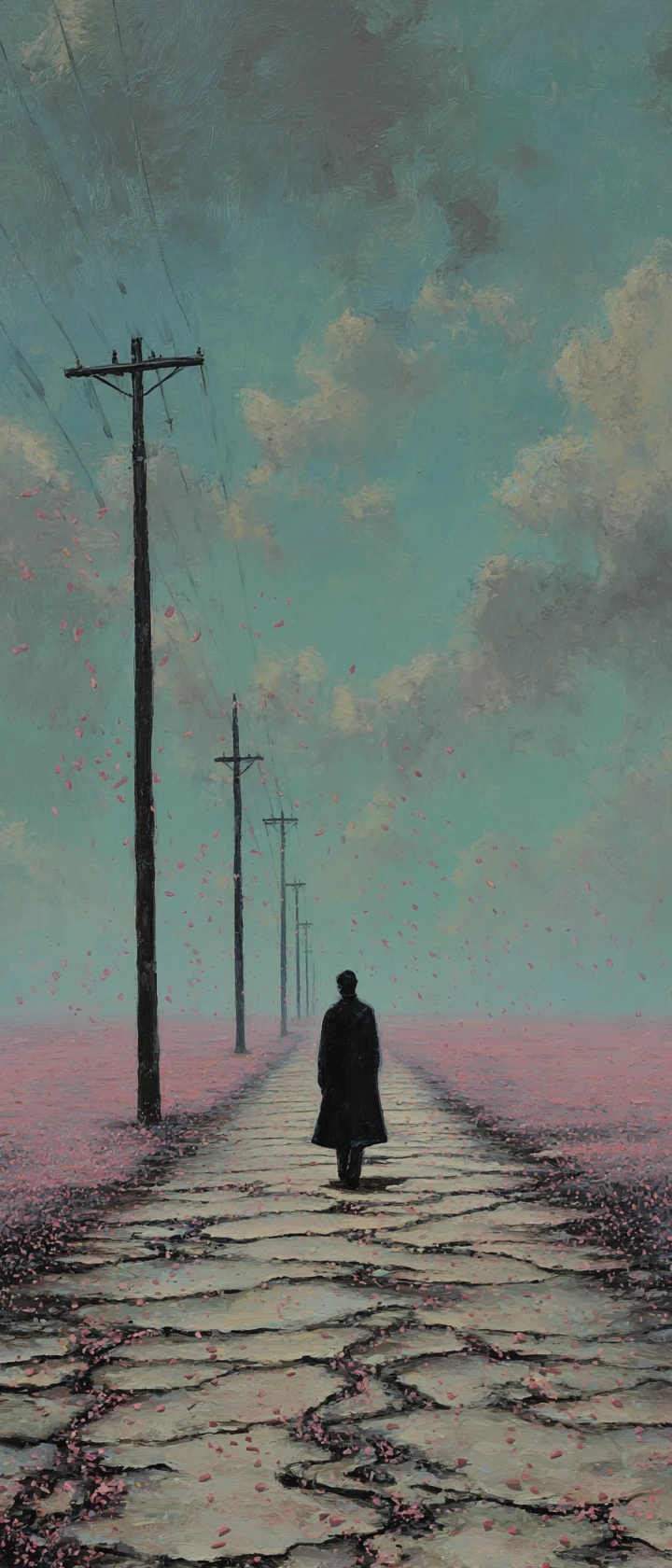Solitary figure walking down cracked rural road into distance