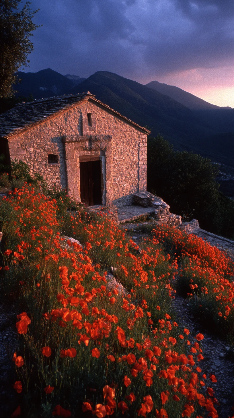 Antica cappella sulla collina sopra un campo cremisi di papaveri al tramonto