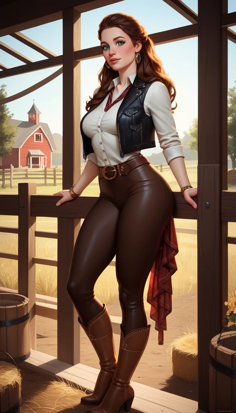 Brunette woman in leather vest leading a horse outdoors