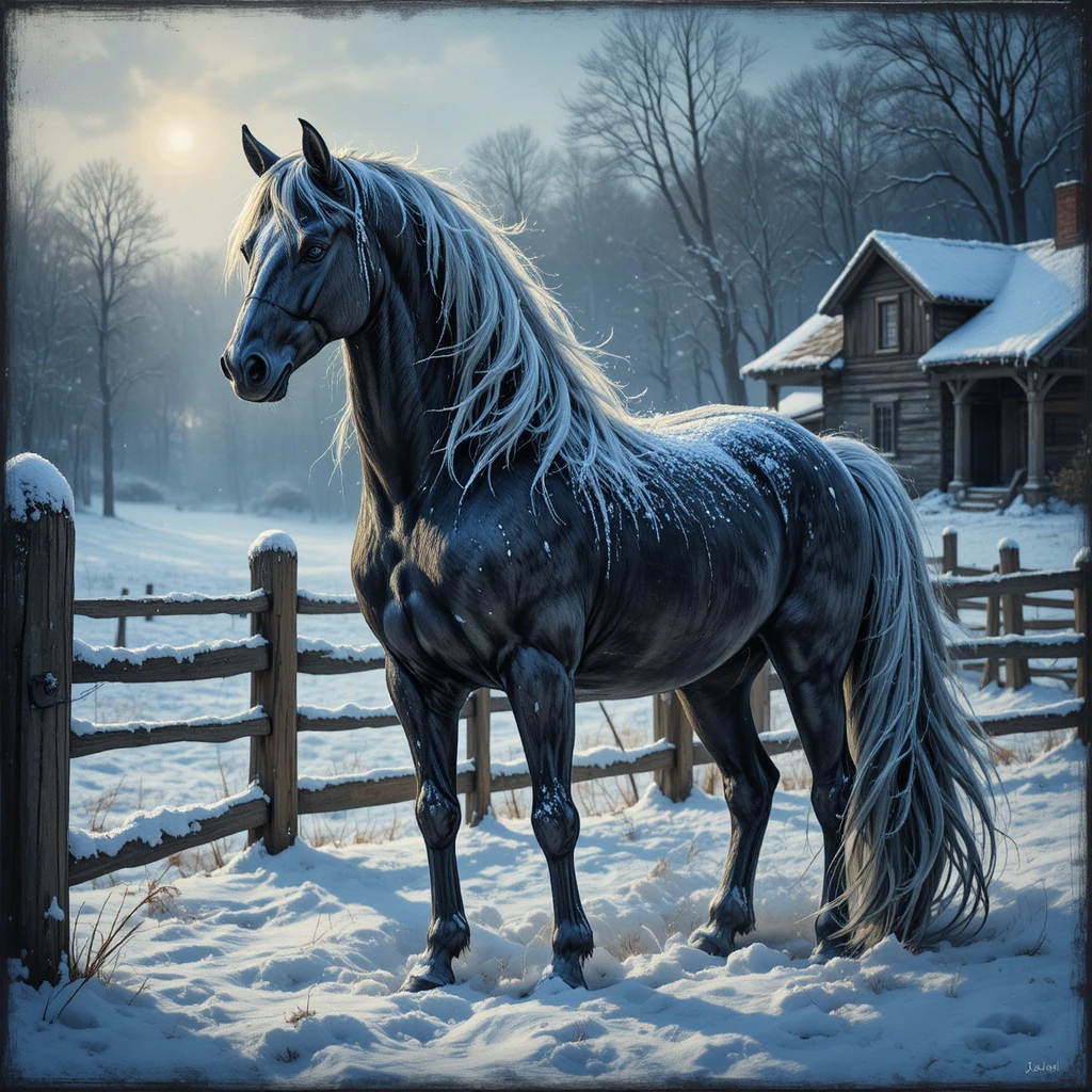 Majestic black horse standing quietly in a snowy field