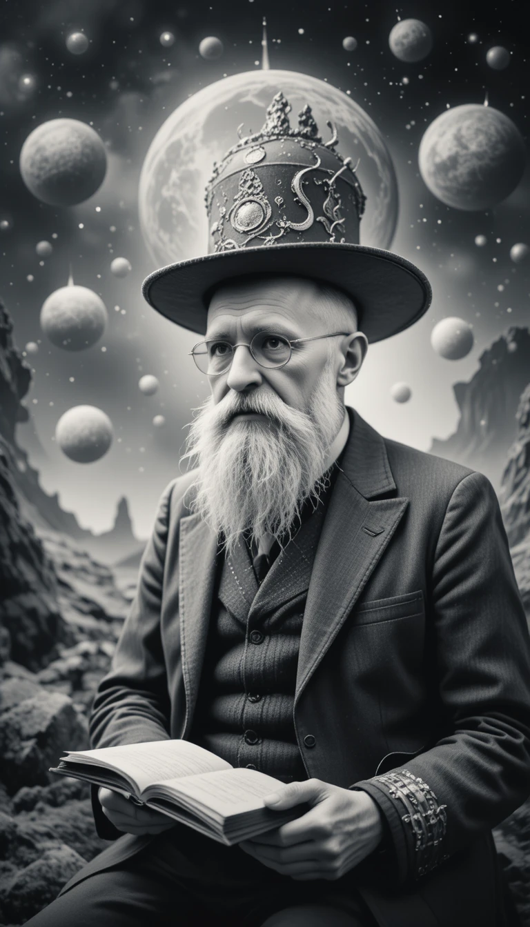 Senhor surreal de terno lendo entre planetas cósmicos