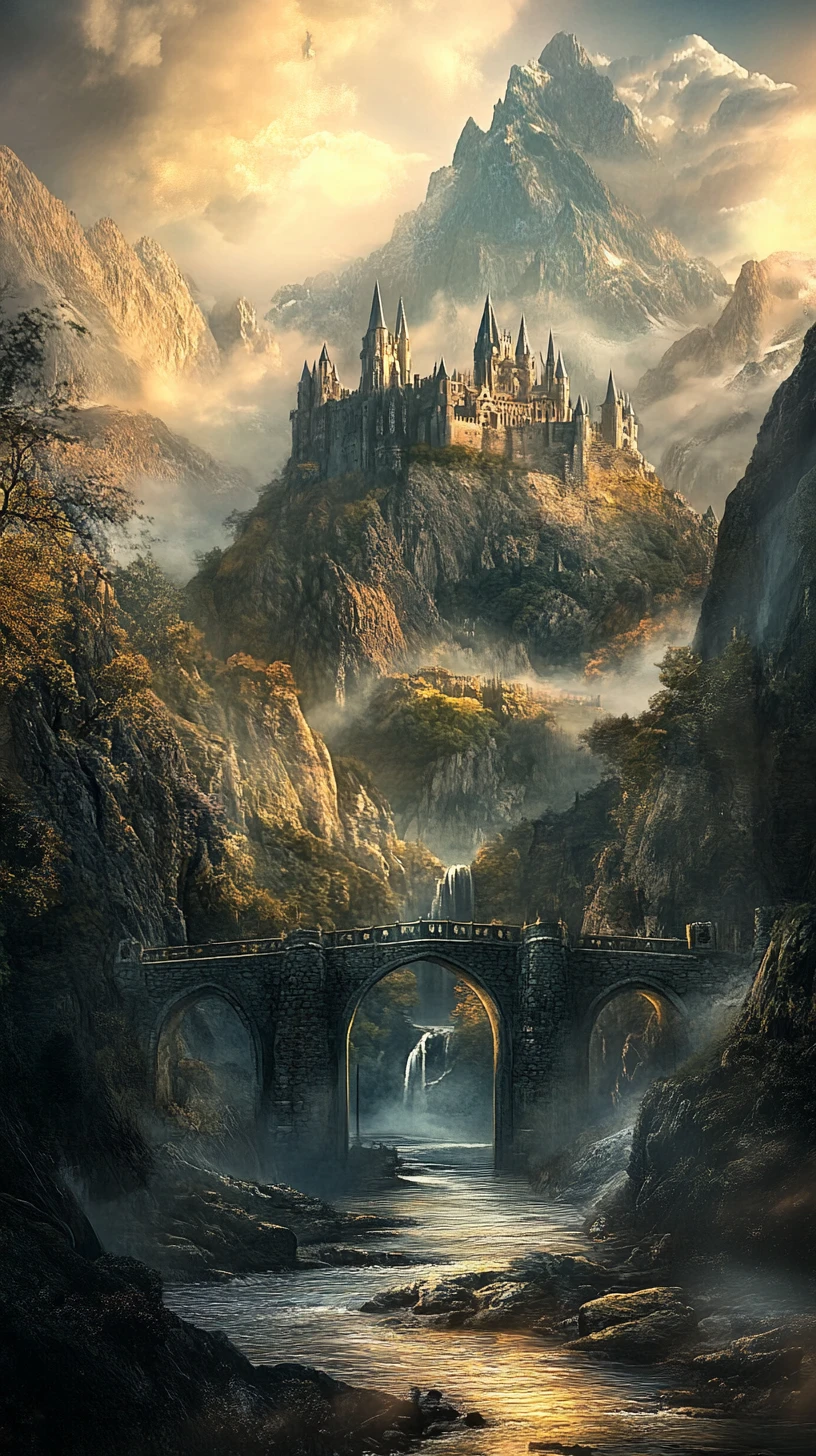 Antiga ponte de pedra levando a um castelo em montanhas enevoadas