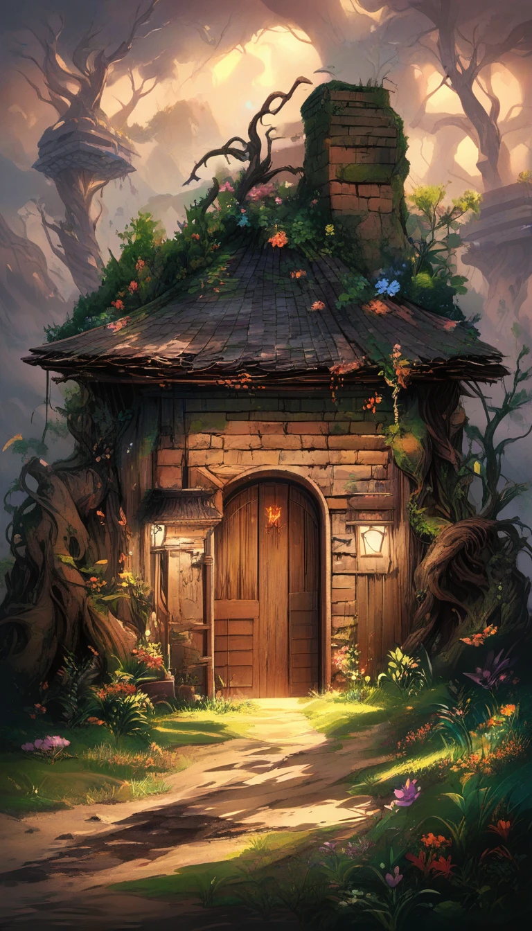 Ancien cottage dans un jardin sombre et envahi par la végétation, la nuit