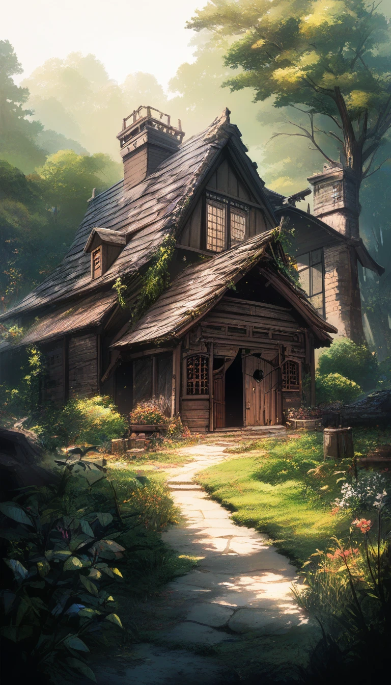 Old stone cottage with gothic door in wild garden