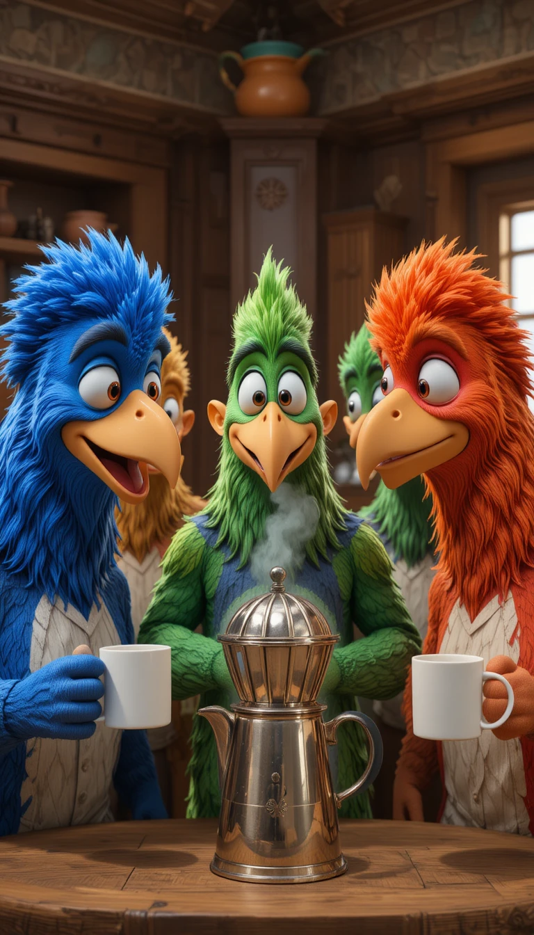 Colorful Cartoon Chickens Sharing Coffee In A Cozy Kitchen