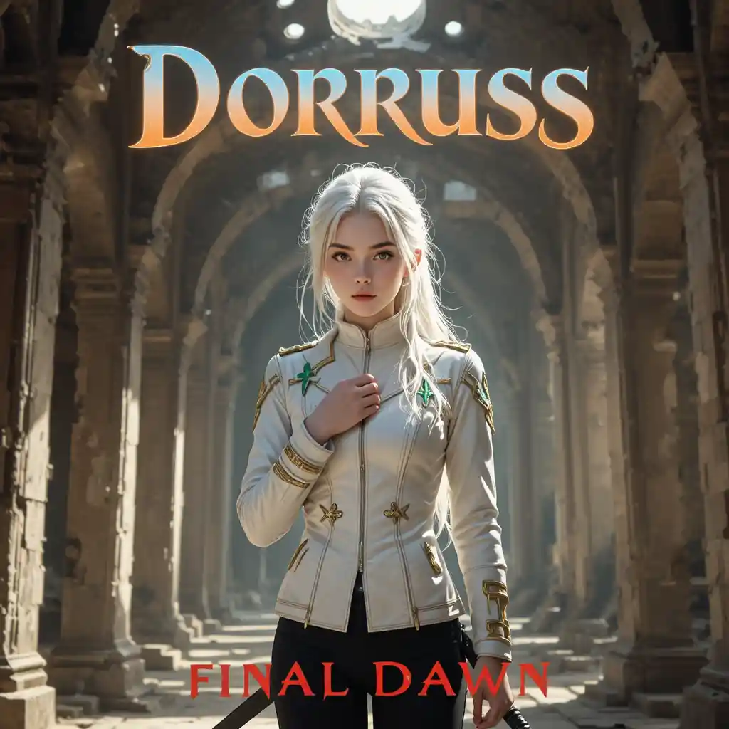 White haired warrior woman in sunlit ruined temple
