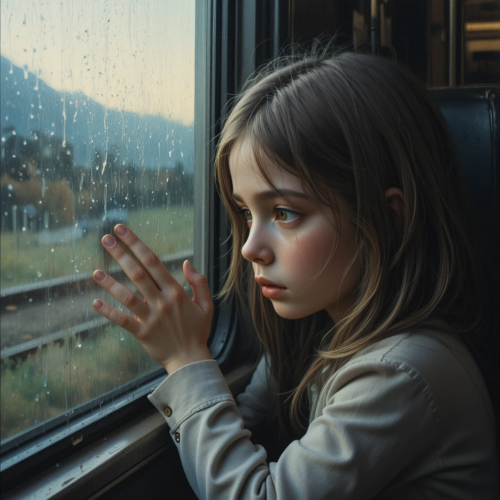 Sad young girl at a foggy train window in oil painting