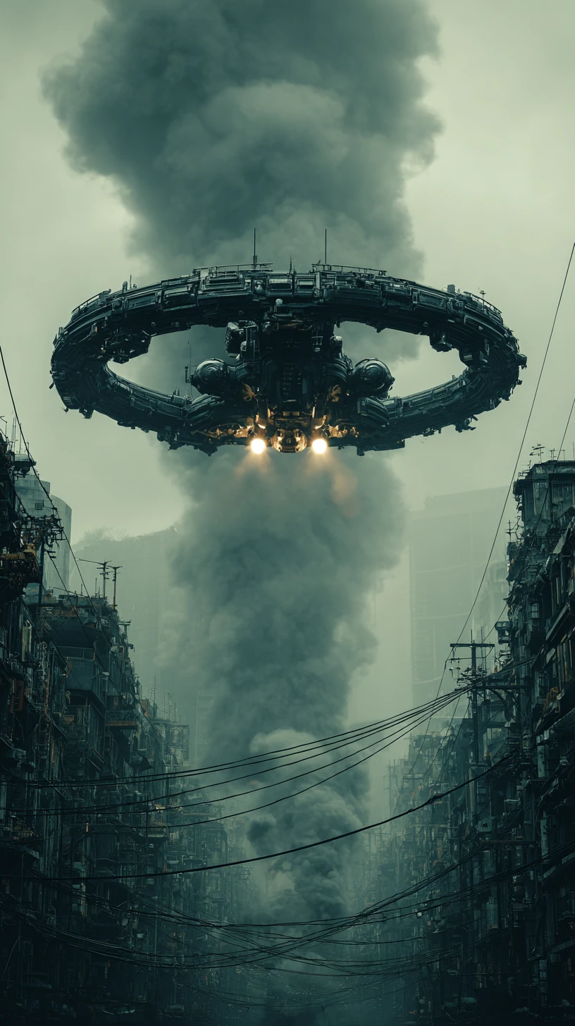Gunship Hovering Over A Ruined City In Smoke And Shadow
