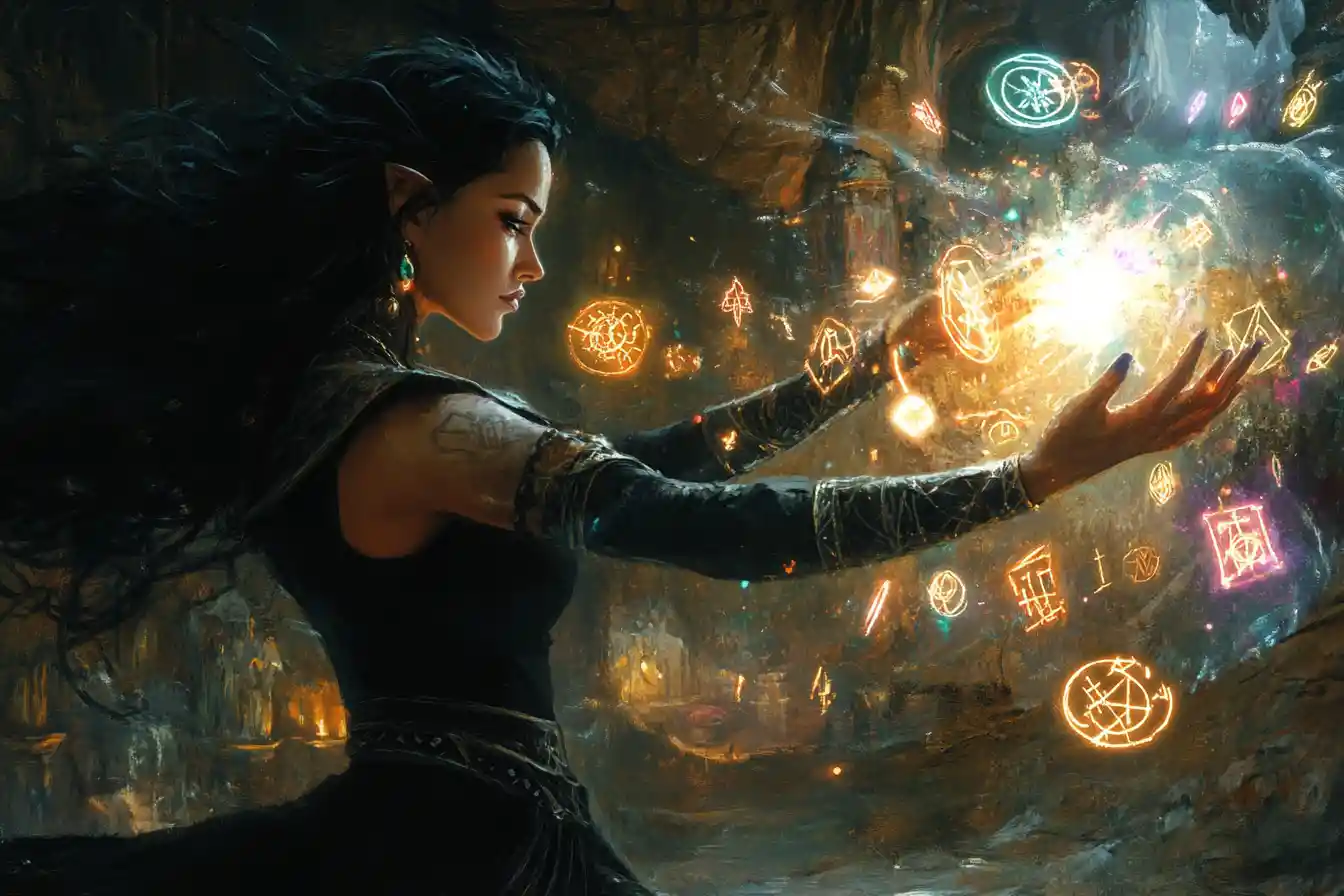 Sorceress Casting Glowing Spells In A Dark Magic Cave