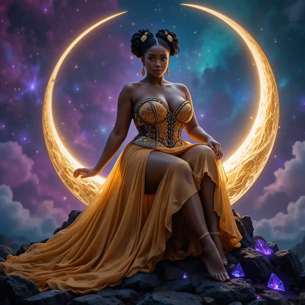 Majestic woman seated on a glowing crescent moon