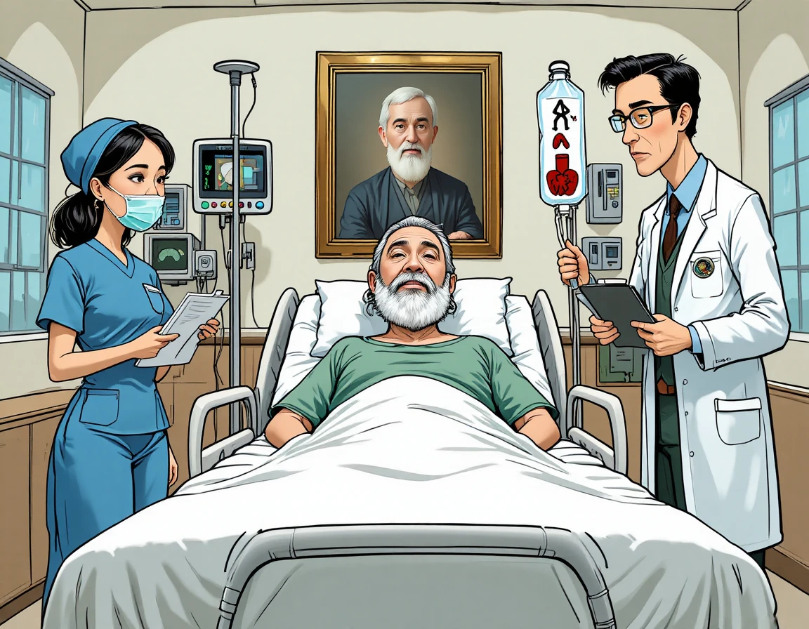 Doctors and nurses treating a patient in a quiet hospital room