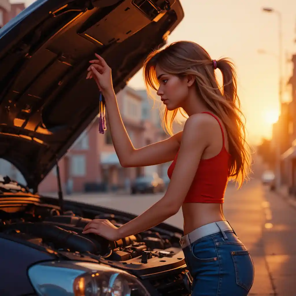 Young woman checking a car engine at urban sunset