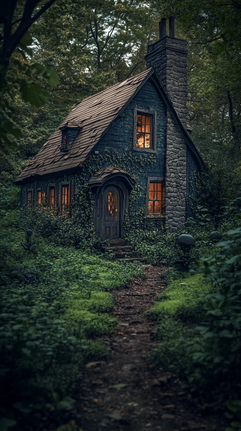 Old mossy cottage glowing faintly in a haunted forest