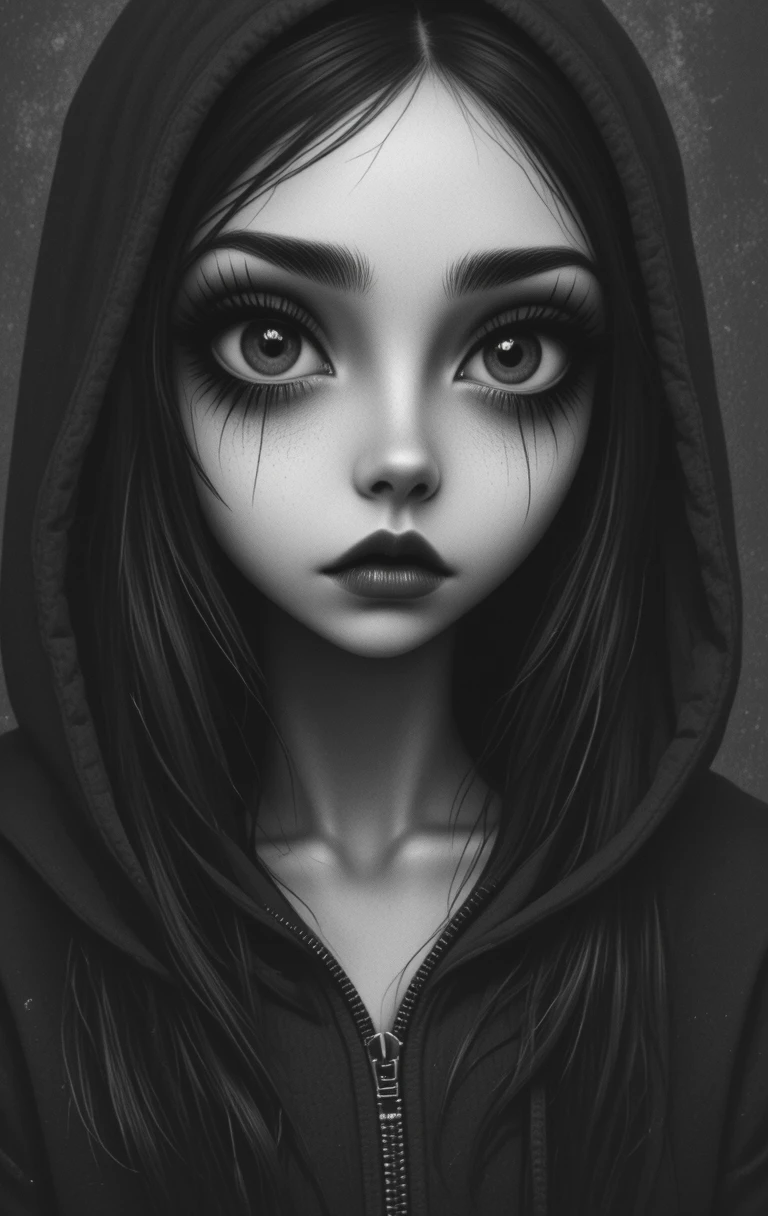 Monochrome graphite portrait of a mysterious doll like girl