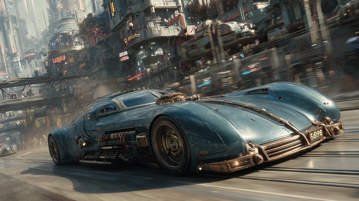 Carro de corrida steampunk retrofuturista em um cenário de cidade cyberpunk