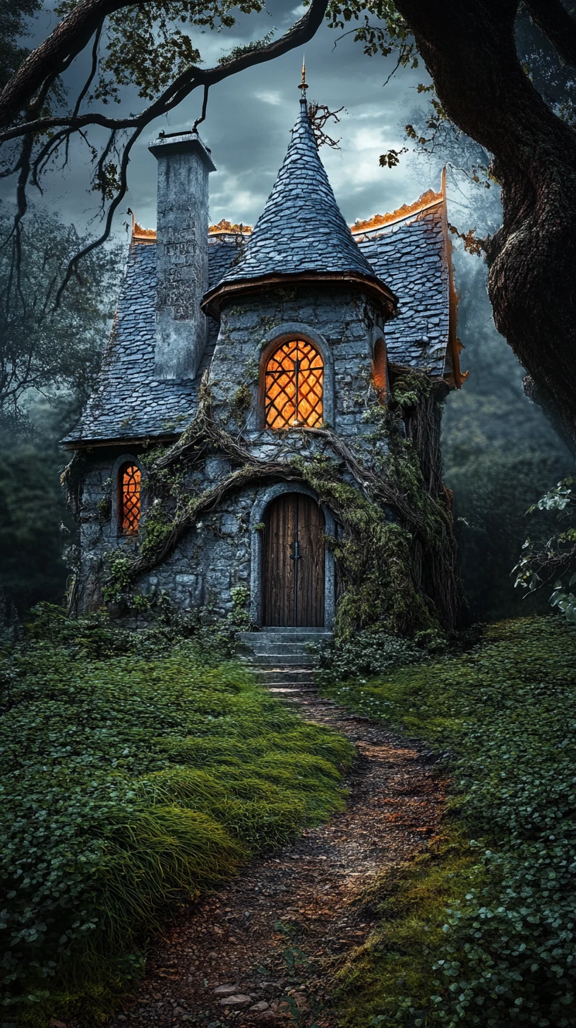 Cottage hanté dans la forêt avec porte gothique et lumière inquiétante à la fenêtre