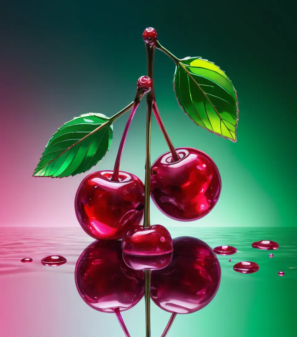 Twin glass like cherries with reflective ruby disco texture