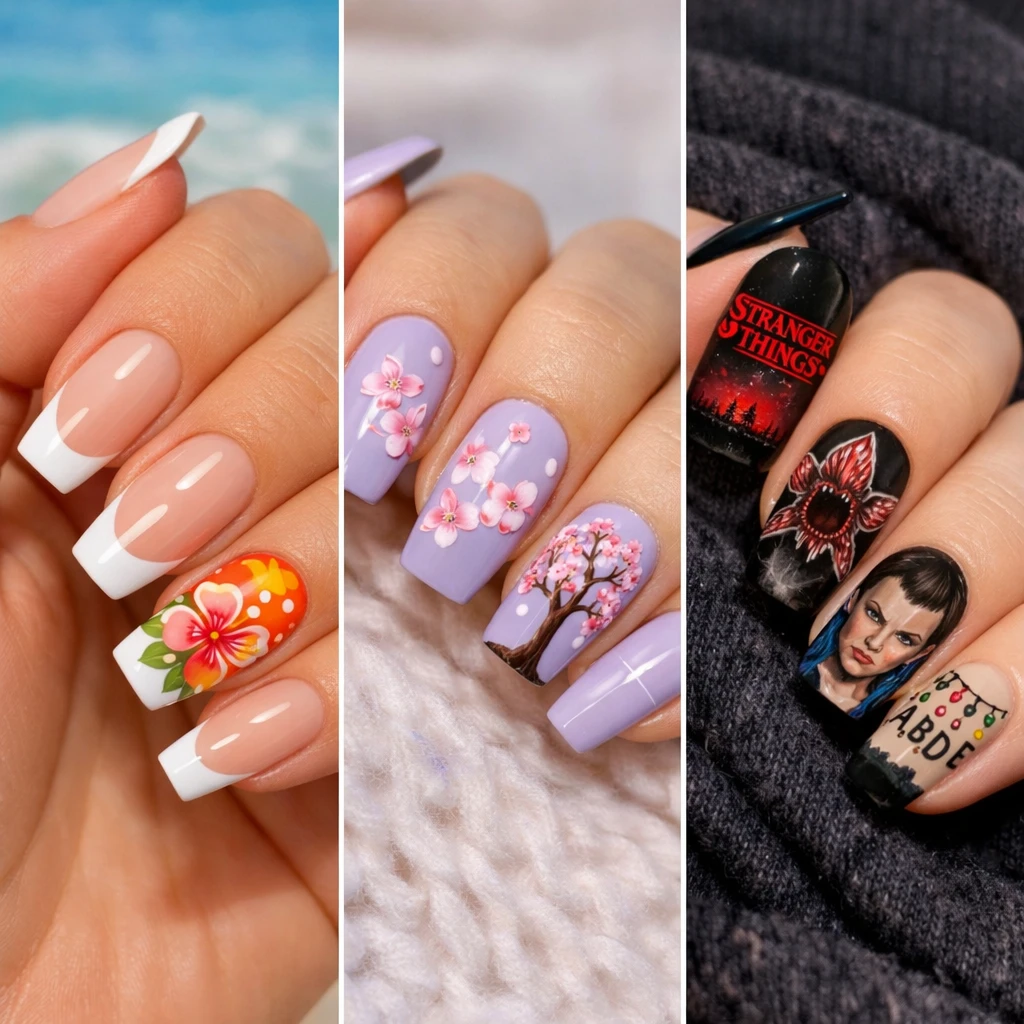 Nail art a tripla divisione con punte floreali e a tema