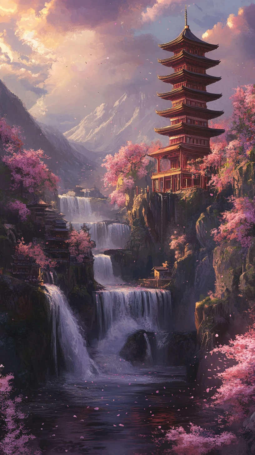 Rouleau ornementé avec pagode japonaise et cascades dévalant la montagne